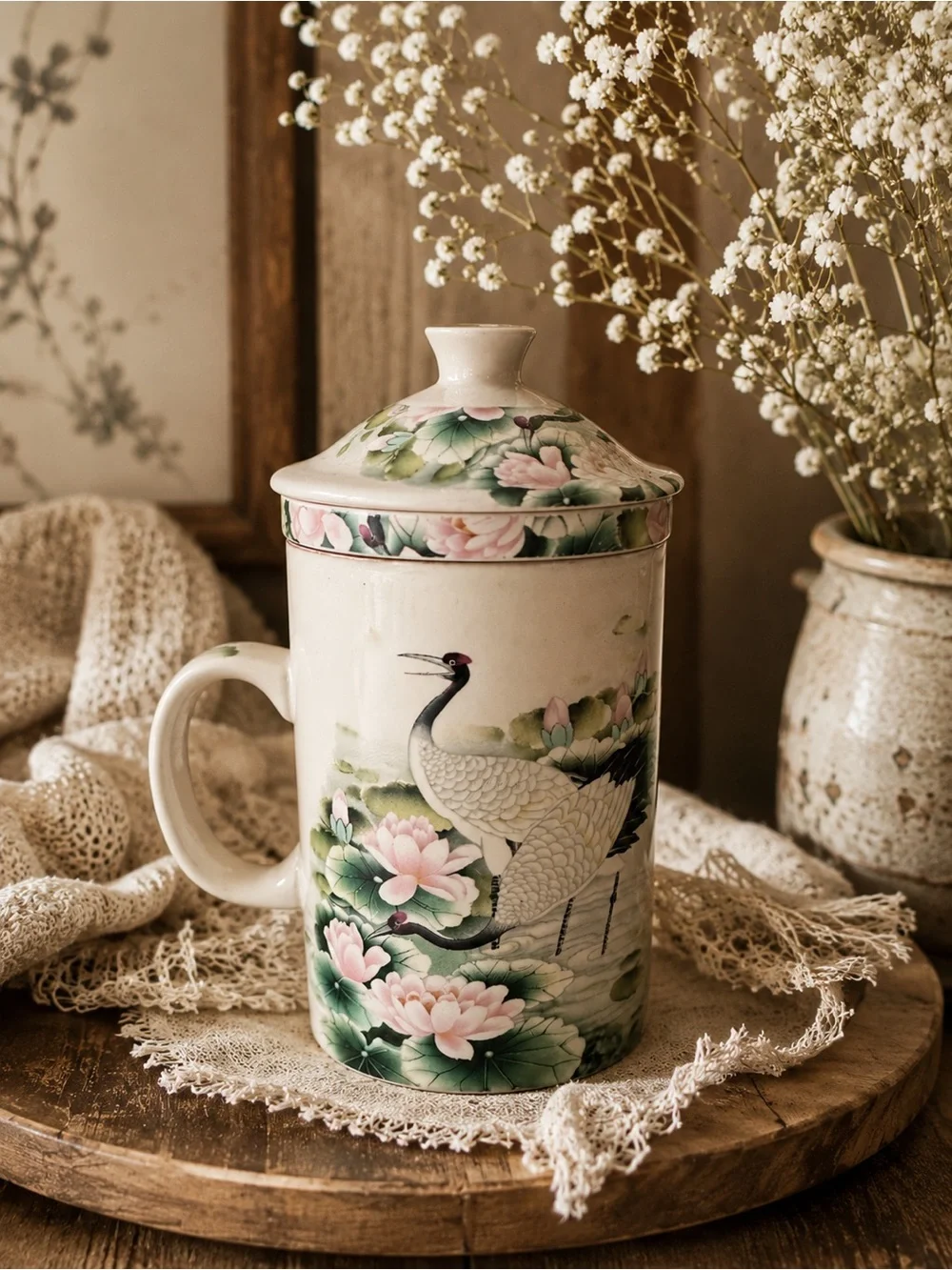 World Market Porcelain Crane & Lotus Lidded Tea Mug Cream Pink Green